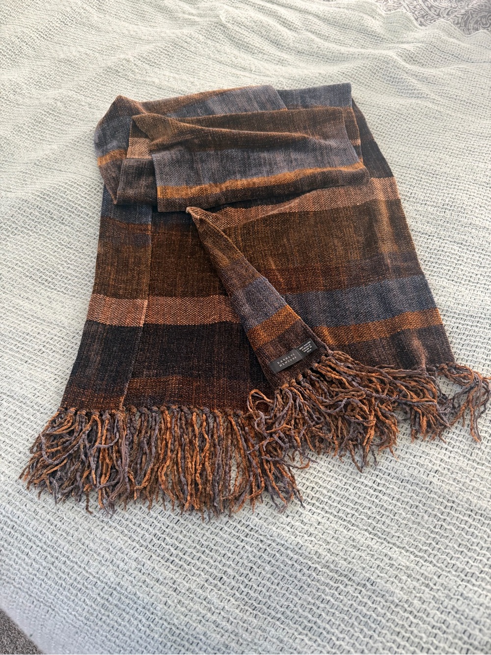 Vintage Barneys New York Striped 100% Rayon Chenille Fringe Scarf Made in USA